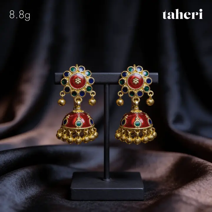 Yellow Gold Jhumki with Colored Stones design 23 by TAHERI