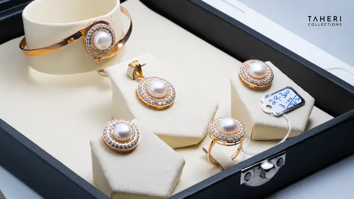 Yellow Gold Locket Set With Bangle with Pearl design 4 by TAHERI