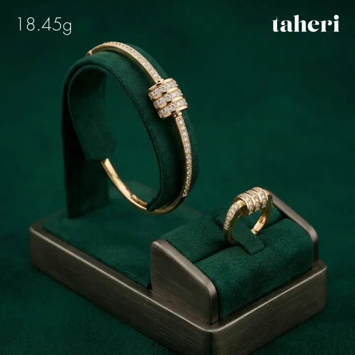 Yellow Gold Bangle & Ring with Cubic Zirconia design 4 by TAHERI