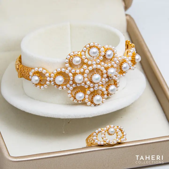 Yellow Gold Bangle & Ring with Pearl design 10 by TAHERI