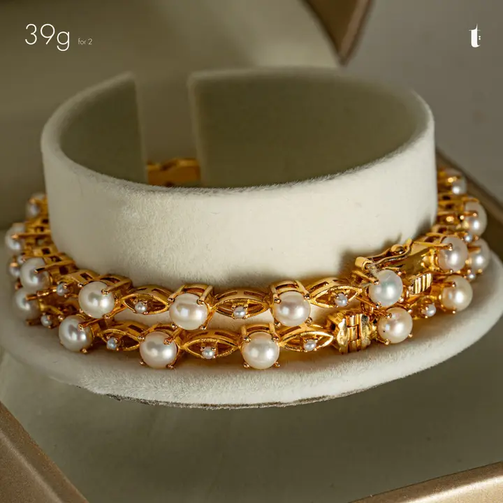 Yellow Gold Stone Bangle with Pearl design 18 by TAHERI