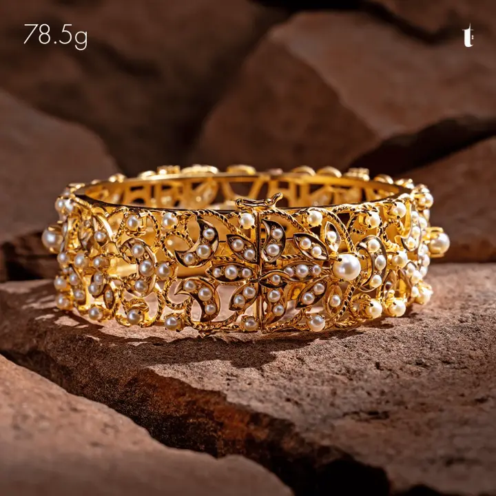 Yellow Gold Stone Bangle with Pearl design 2 by TAHERI