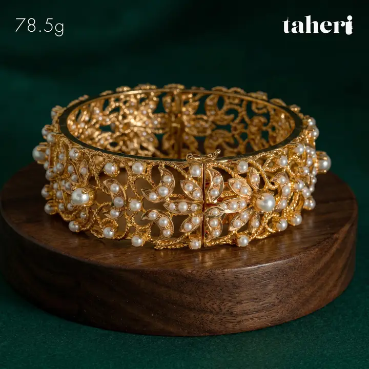 Yellow Gold Stone Bangle with Pearl design 6 by TAHERI
